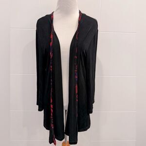 Black Open-Front Cardigan with Red Accents